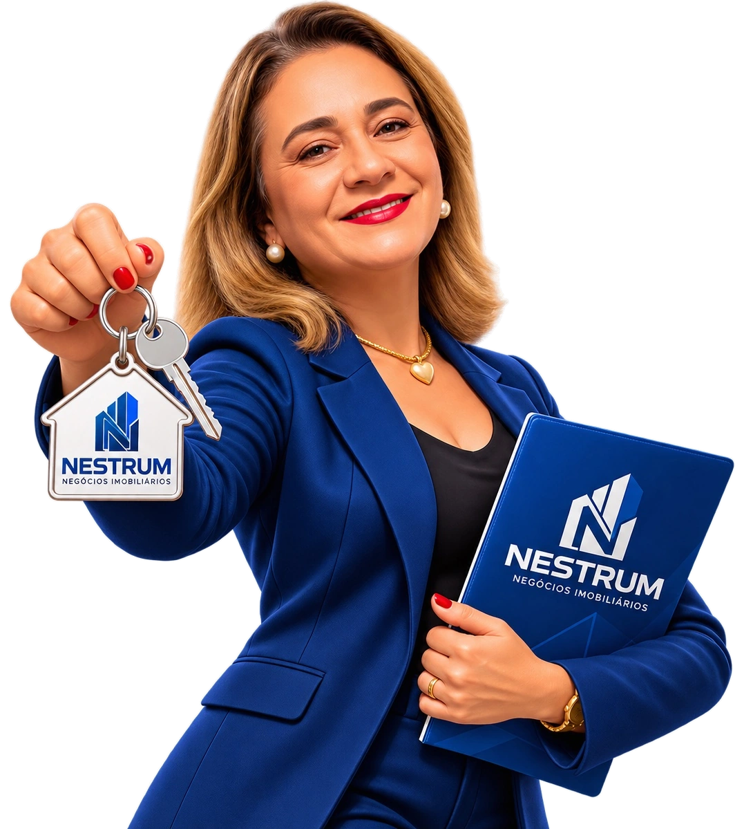 Personagem da Nestrum com a chave do imóvel e uma pasta azul da imobiliária