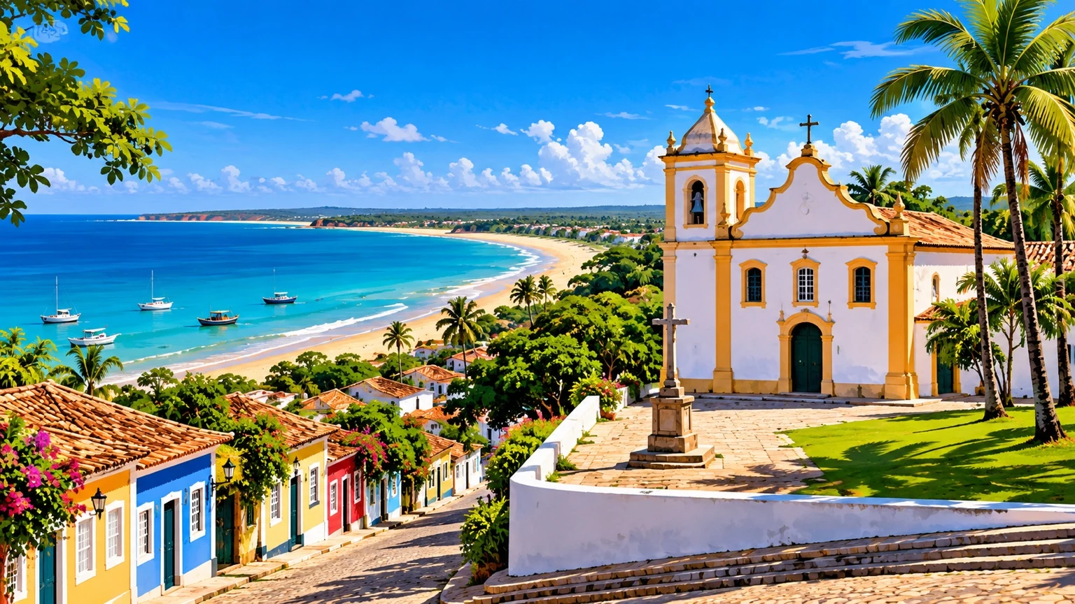 Ilustração artística de Porto Seguro, com cidade histórica, igreja e litoral